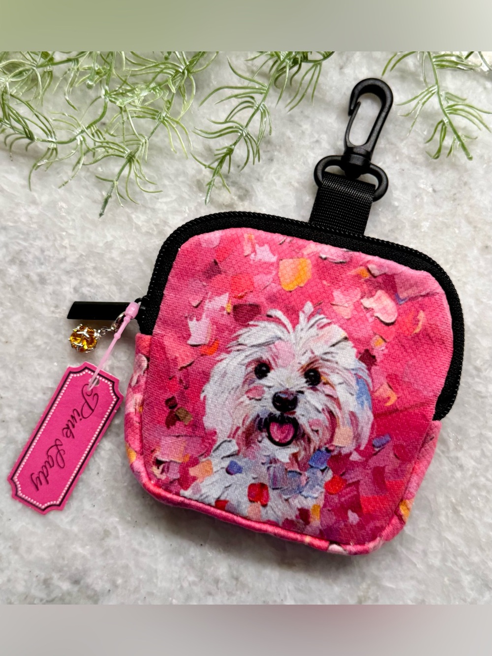 New Maltese Pink Zip Bag Dog Walk Treat Accessory Pouch w/ Clip & Charm - 4”x4”